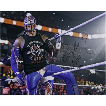 Rey Mysterio WWE Autographed 16" x 20" Sitting On the Ropes in Blue Gear Photograph with "HOF 2023" Inscription
